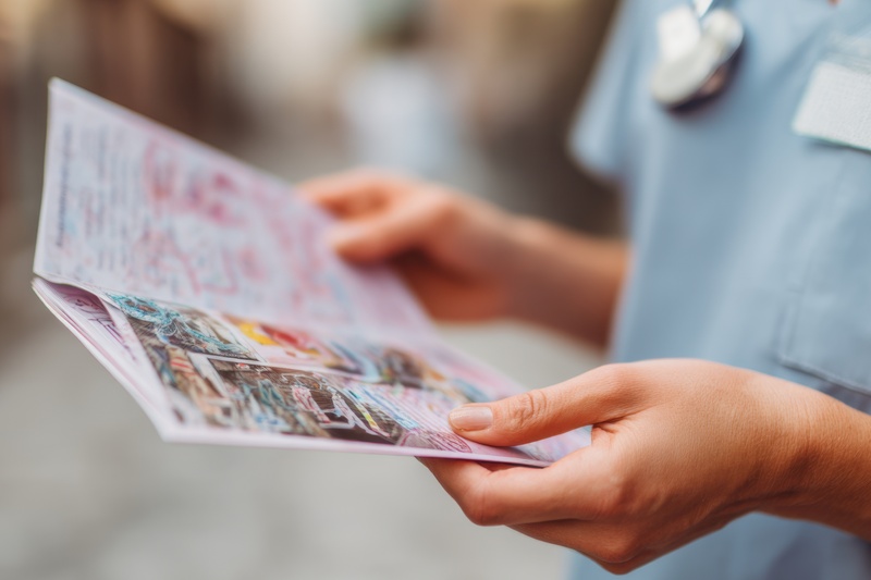 Healthcare worker in light blue uniform reviewing a colorful brochure outdoors with blurred background, conveying professionalism and informative atmosphere for medical services.